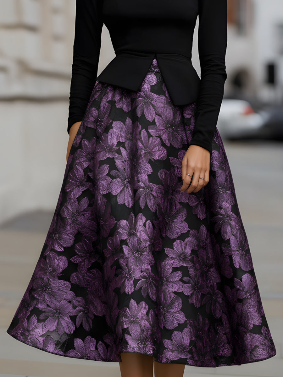 Floral Jacquard Peplum Bodice Midi Dress