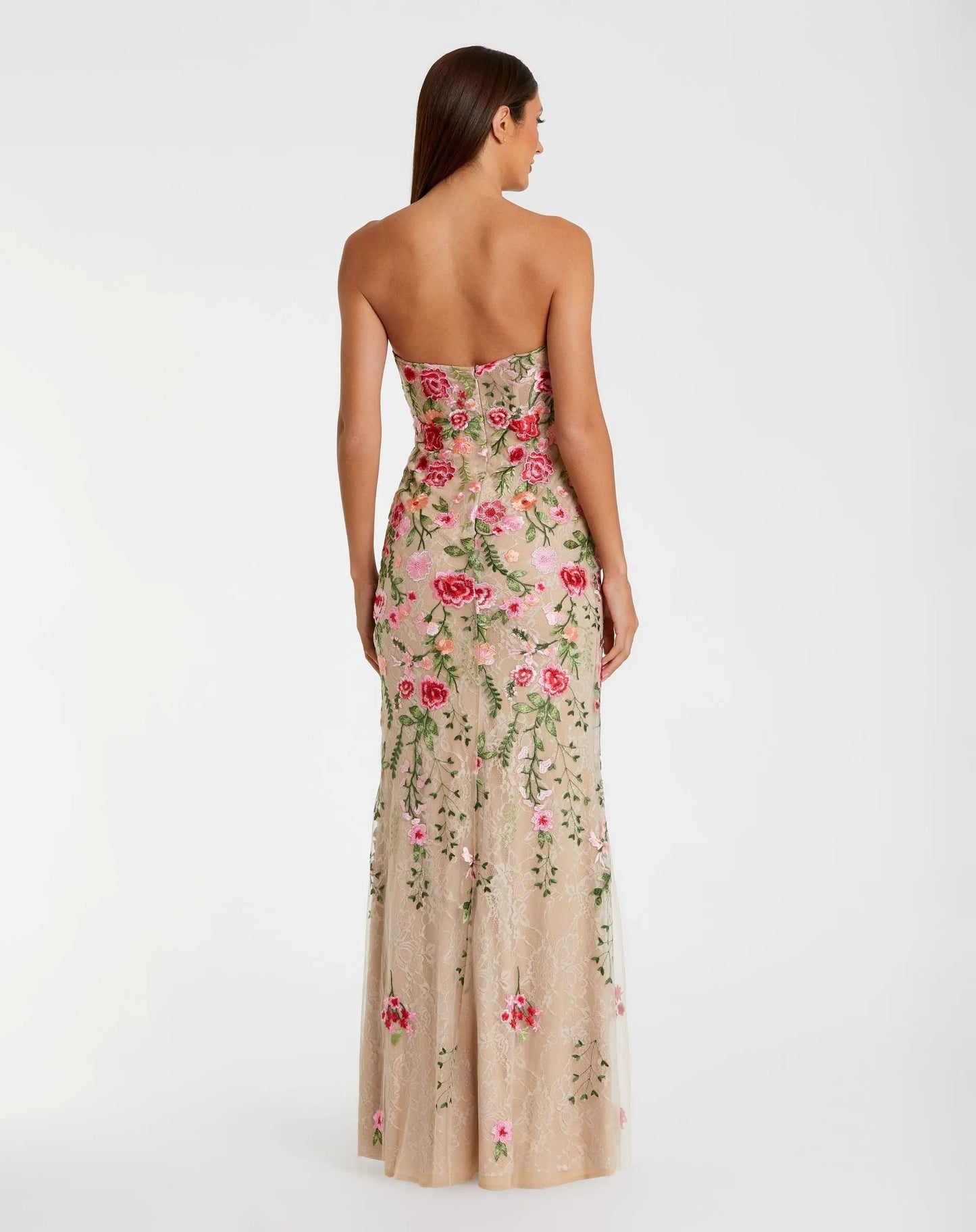 Nude Strapless Floral Embroidered Evening Gown - Formal Dress for Wedding Guest
