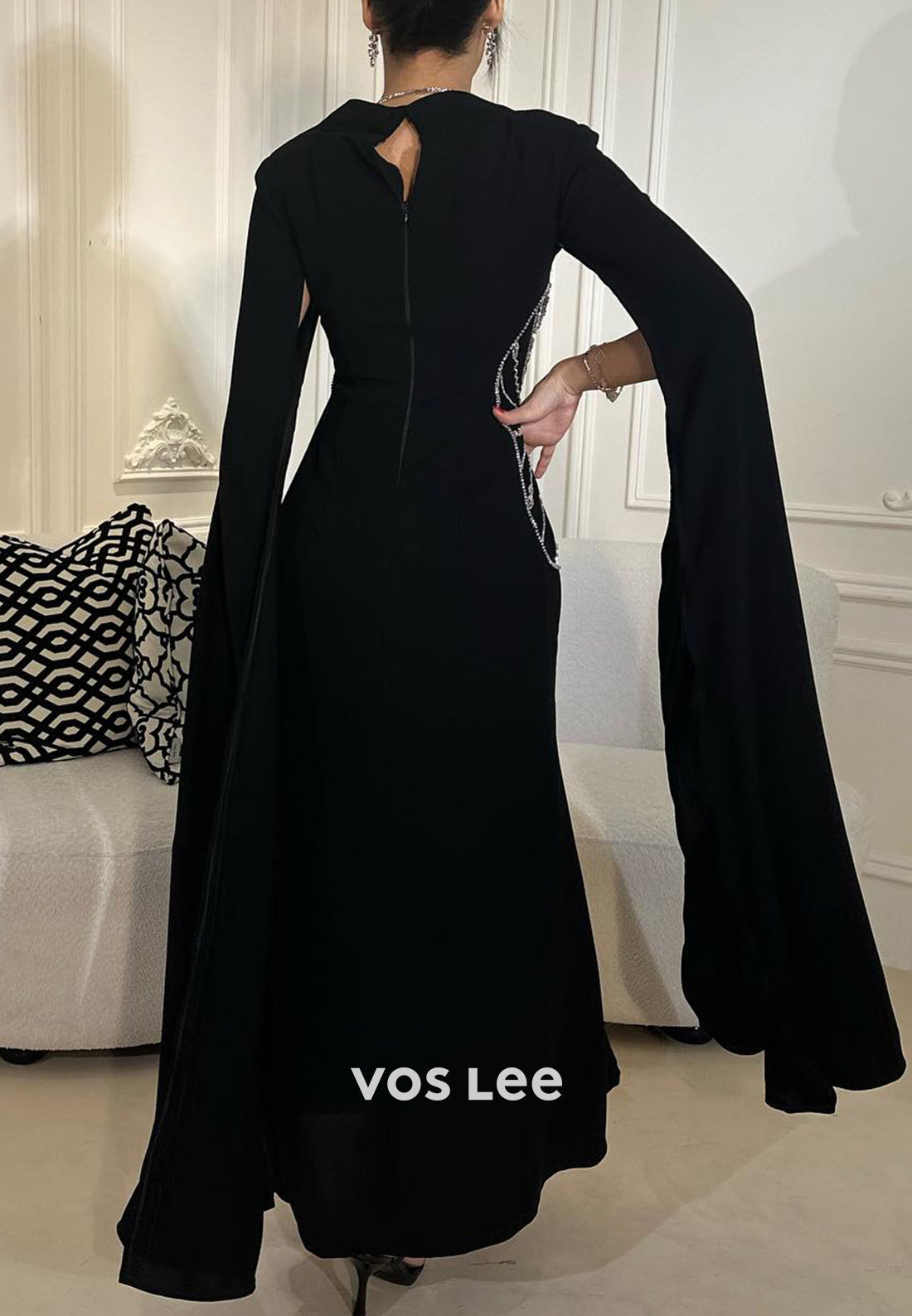 Simple Long Sleeve Square Rhinestone Black Sheath Evening Dresses