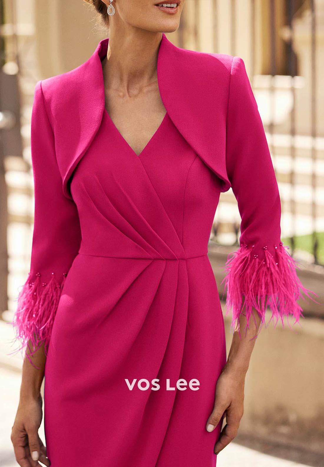 V Neck 3/4 Sleeve Feather Pleated Tea-Length Sheath Formal Mother of Bride Dresses