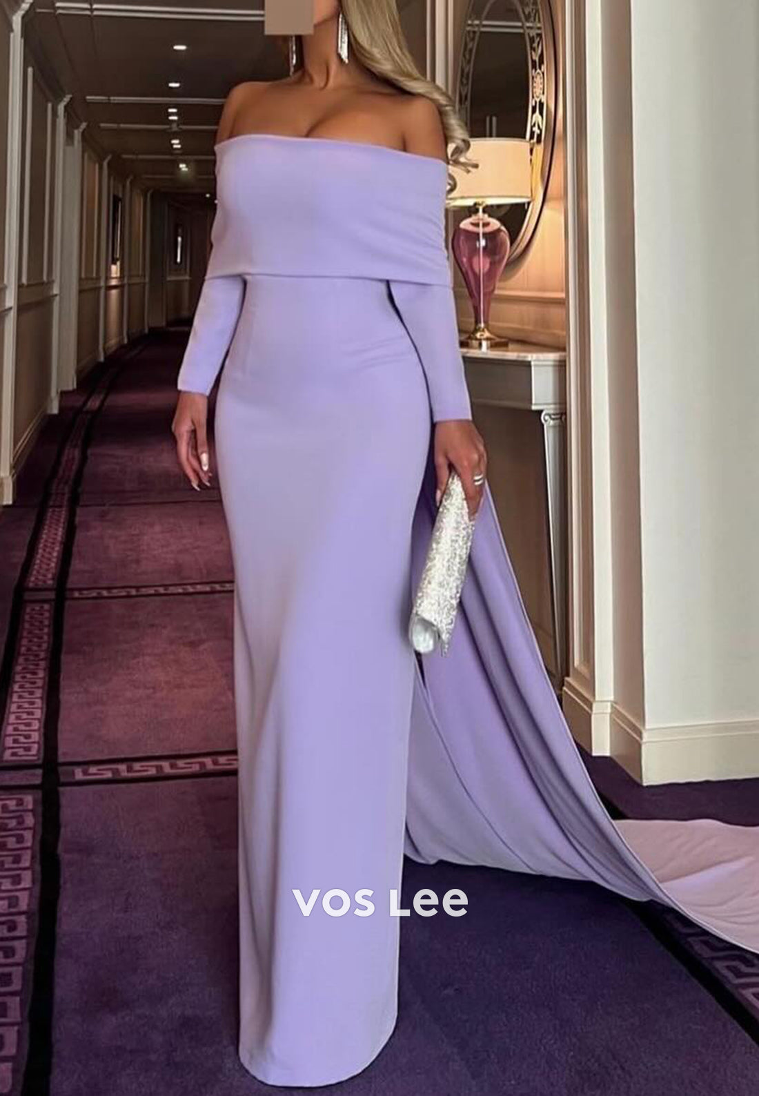 Long Sleeve Off the Shoulder Pleated Mermaid Evening Dresses with Court Train