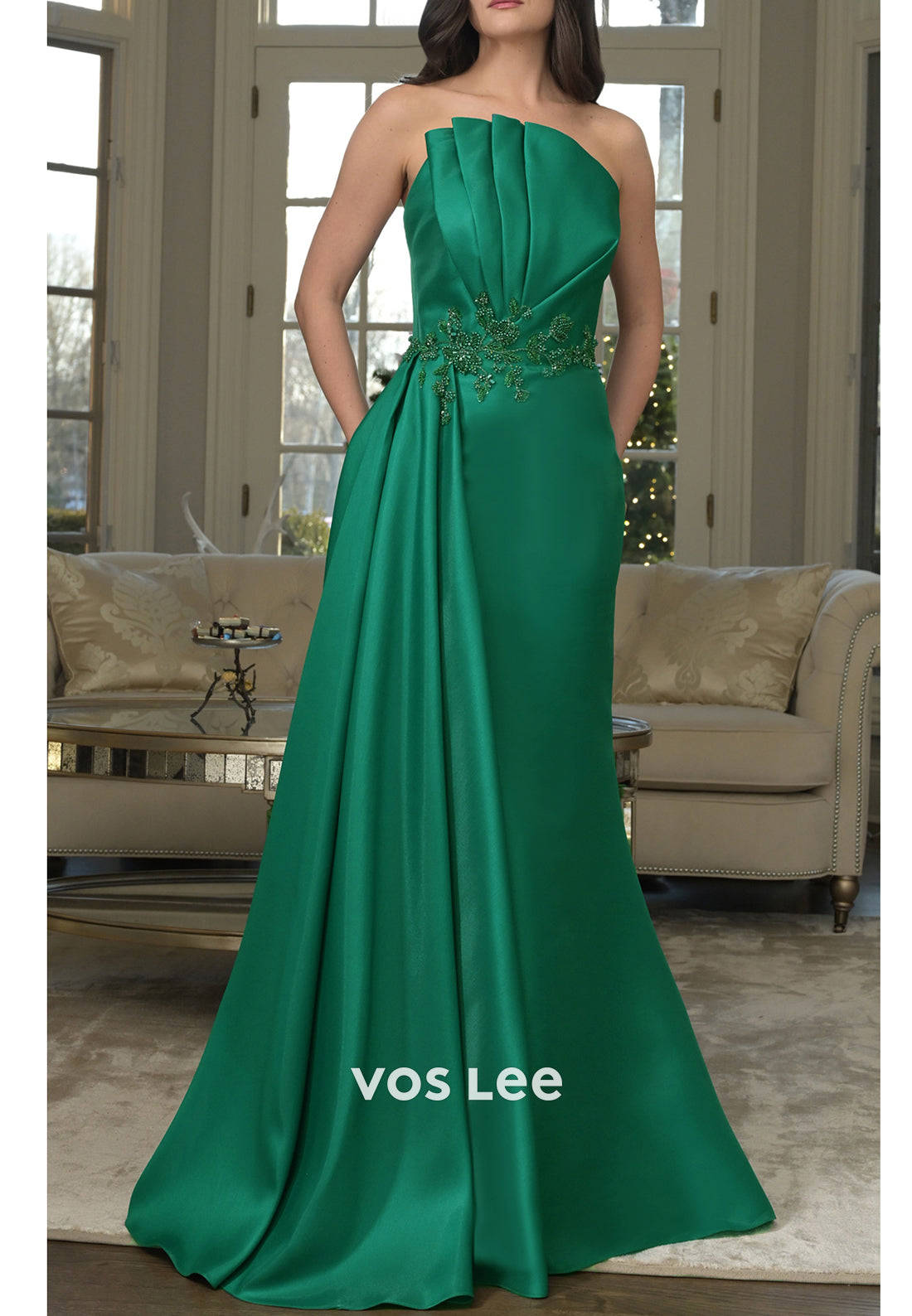 Strapless Beaded Embellished Ruched Long Sheath Mother of Bride Dresses