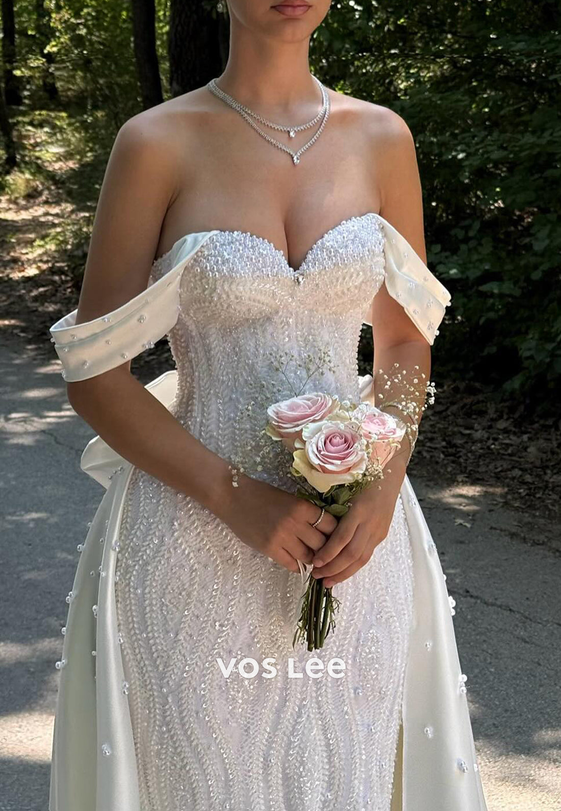 Off the Shoulder Beaded Mermaid Wedding Dresses with Bowknot