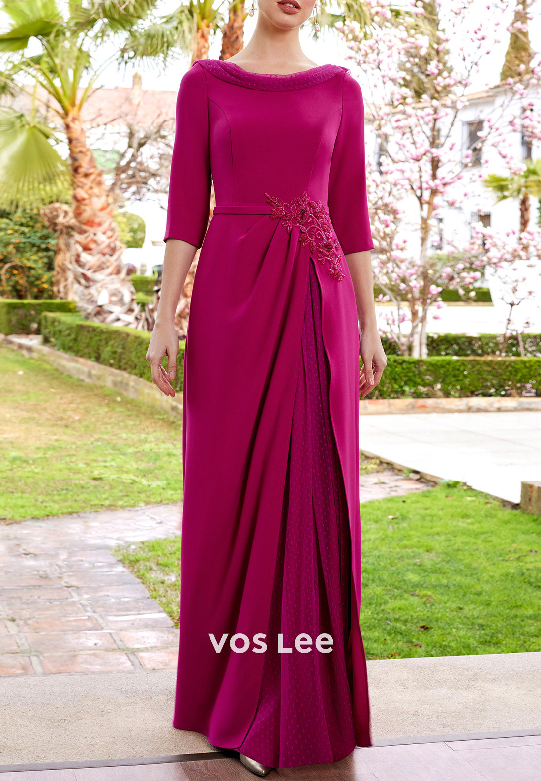 A-Line 3/4 Sleeve Floor-Length Floral Appliqued Mother of Bride Dress with Side Split