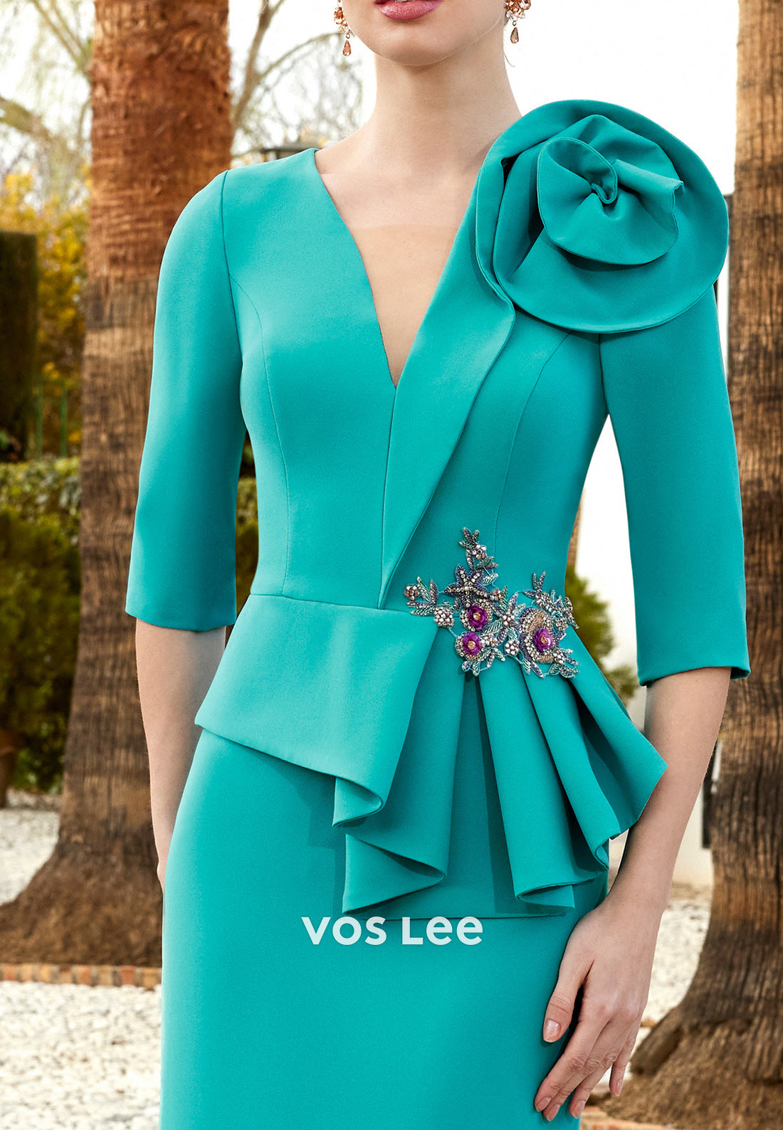 3/4 Sleeve V Neck Floral Embossed Rhinestone Pleated Sheath Mother of Bride Dress