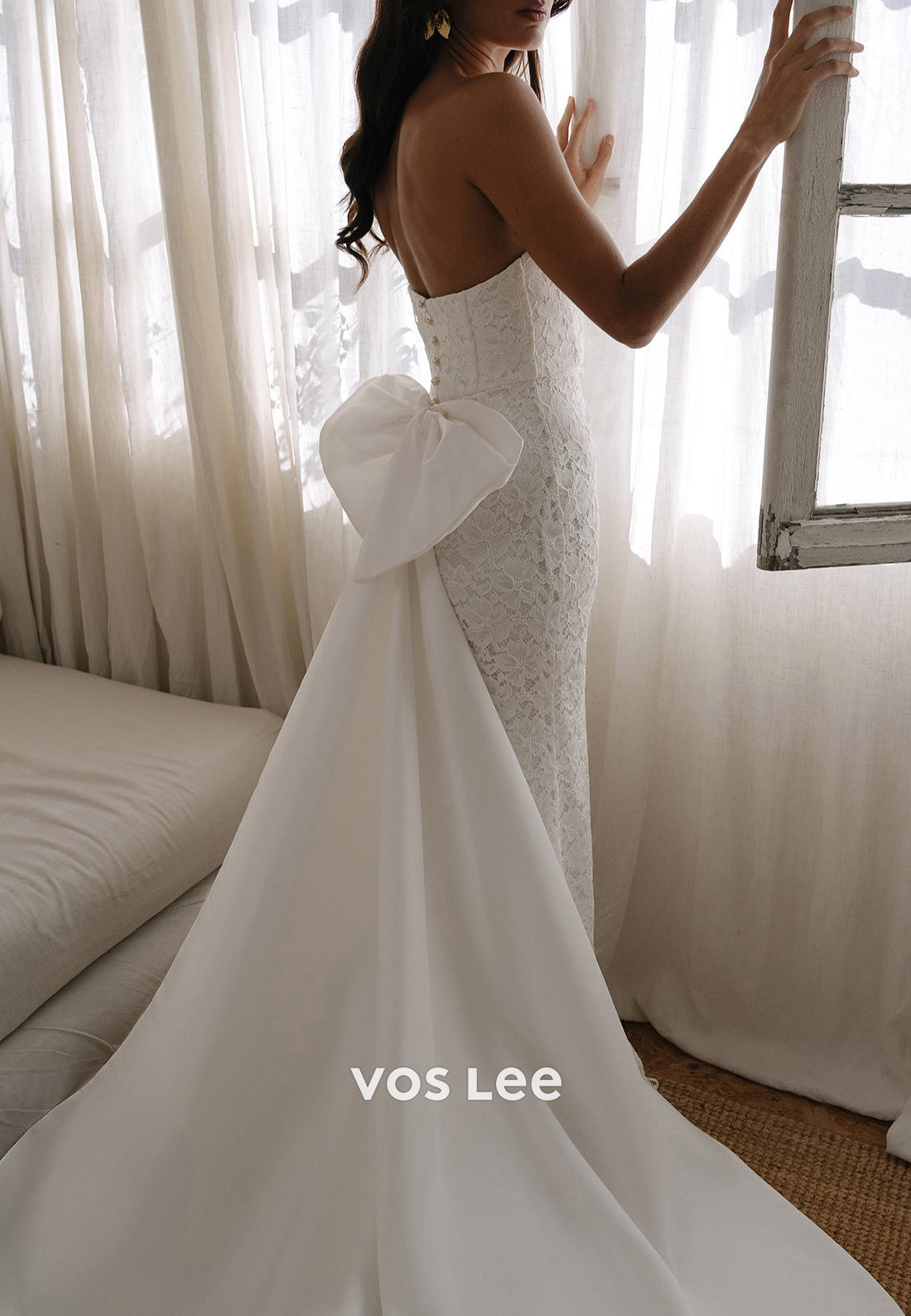 Long Sleeve High Neck Pleated Lace Mermaid Wedding Dresses with Sweep Train
