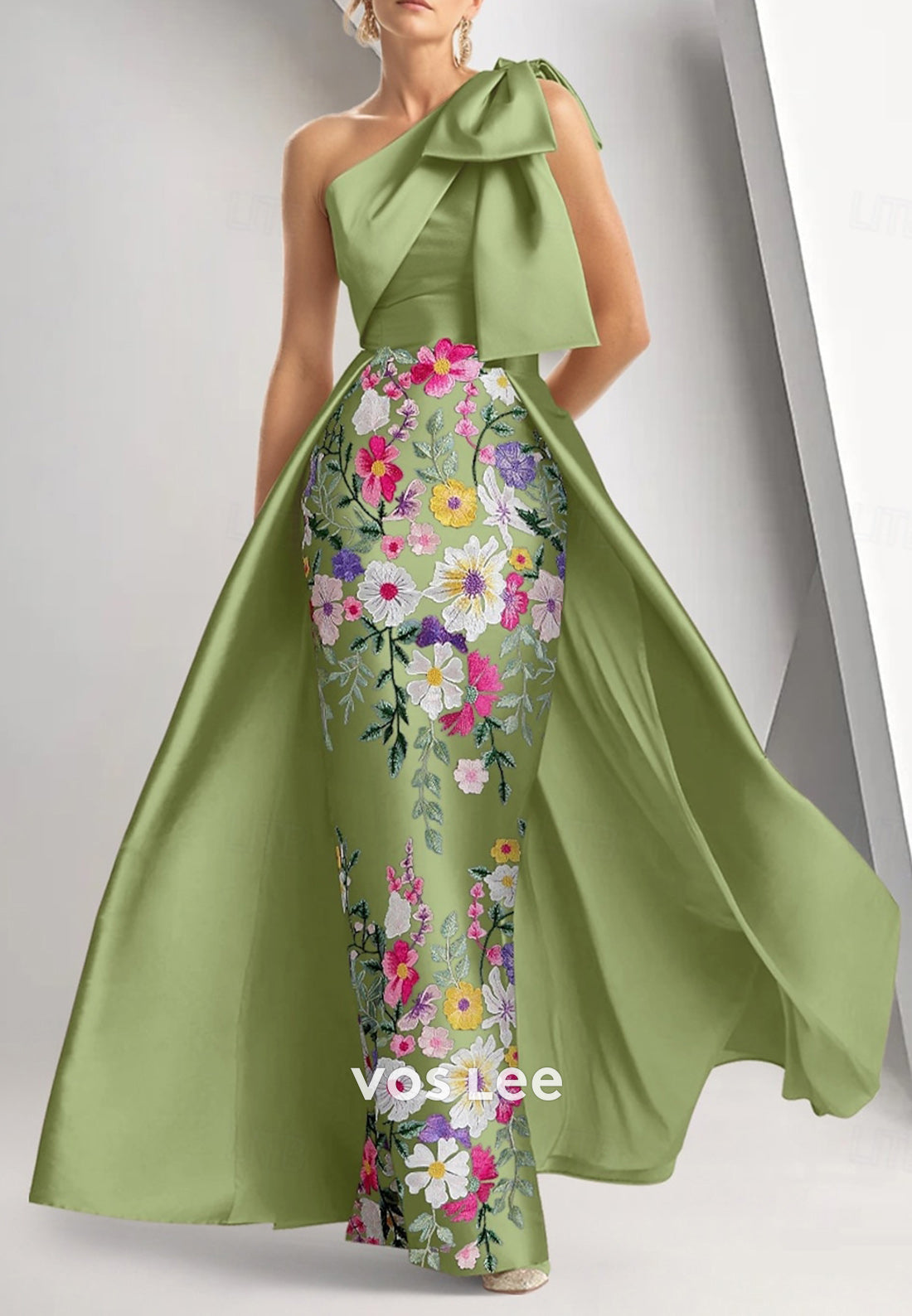 One Shoulder Bowknot Appliqued Embellished Floor-Length Mother of Bride Dresses
