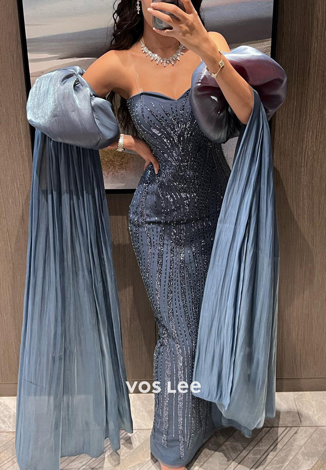 Sparkle & Shine Short Sleeve Sweetheart Beaded Embellished Mermaid Evening Dresses