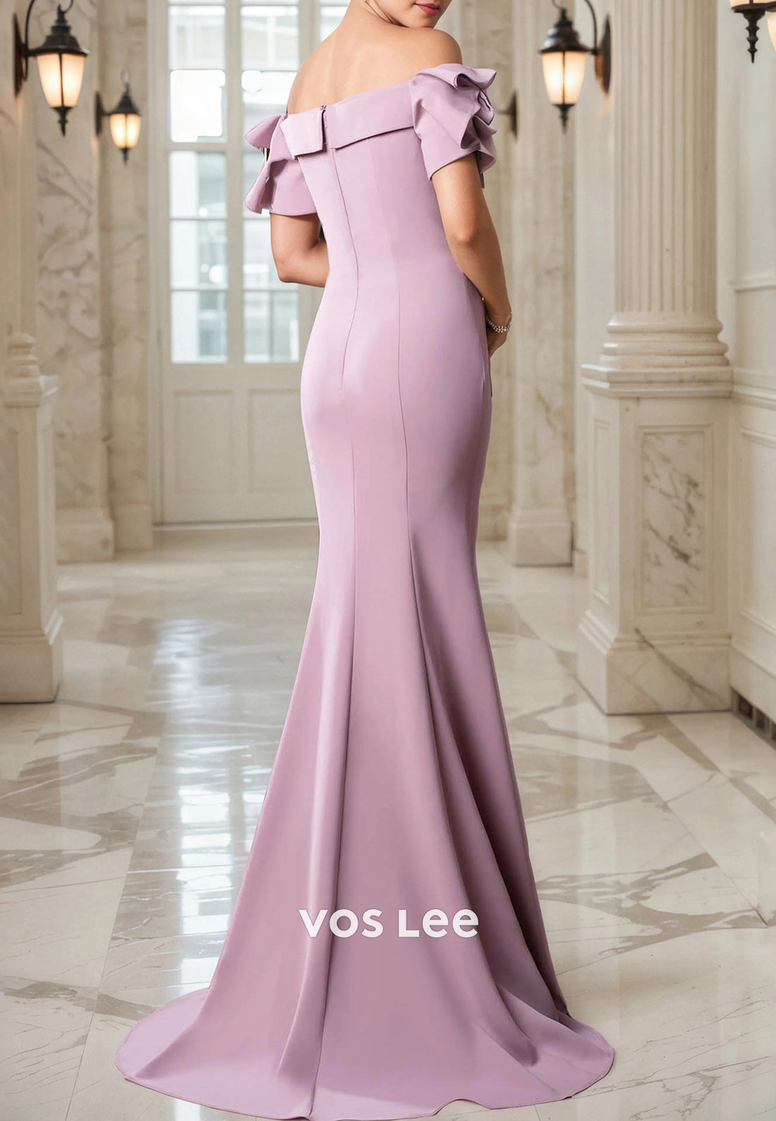 Simple Short Sleeve Off the Shoulder Mermaid Mother of Bride Dresses with Sweep Train
