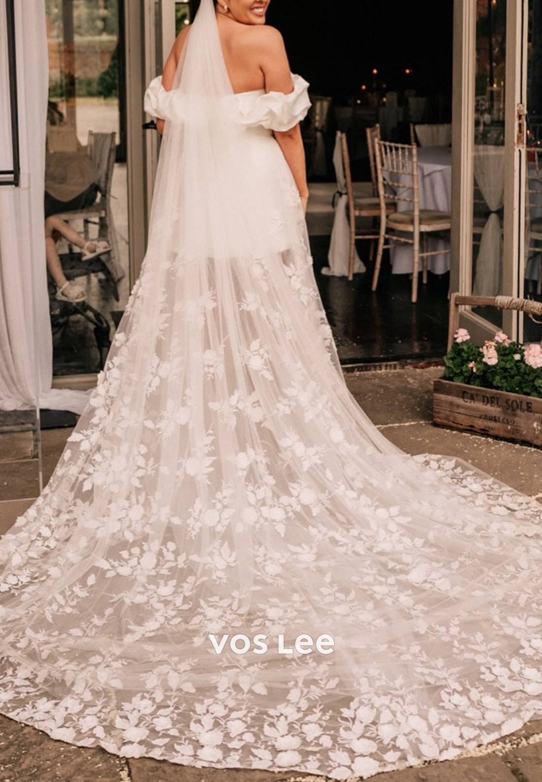Off the Shoulder Illusion Appliques Lace Sheath Pleated Wedding Dresses with Court Train