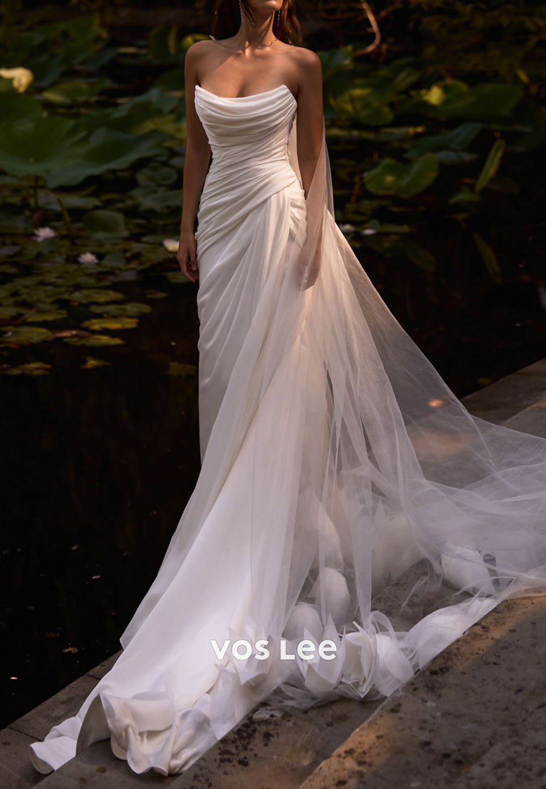 Glamorous & Dramatic Strapless Pleated Mermaid Wedding Dresses with Sweep Train