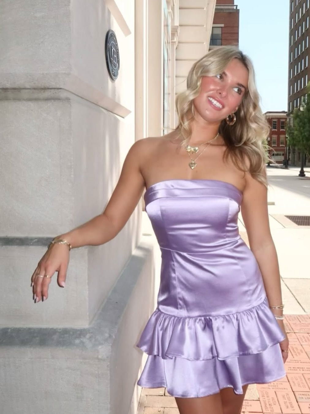 Cute Sheath Strapless Lilac Satin Short Homecoming Dress with Ruffles