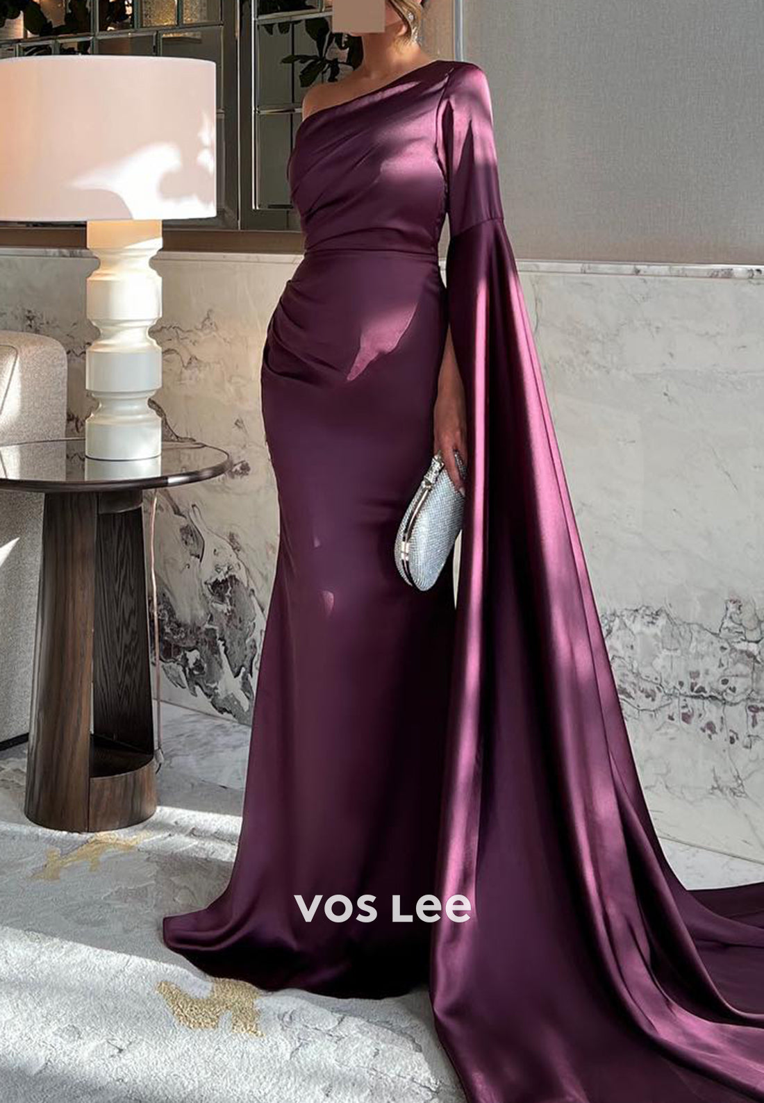Long Sleeve One Shoulder Mermaid Pleated Evening Dresses with Sweep Train