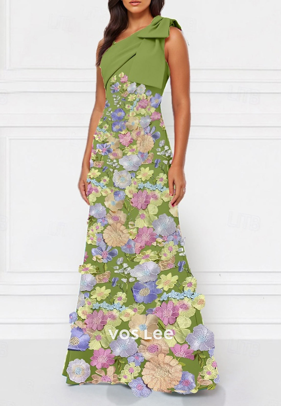 one Shoulder Bowknot Floor-Length Floral Embossed Pleated Sheath Mother of Bride Dresses