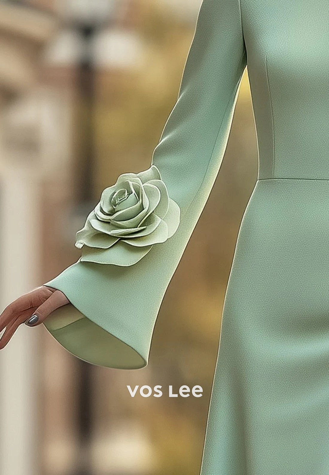 Bell Sleeves Scoop Flowers Embellished Tea-Length Mermaid Wedding Guest Dresses