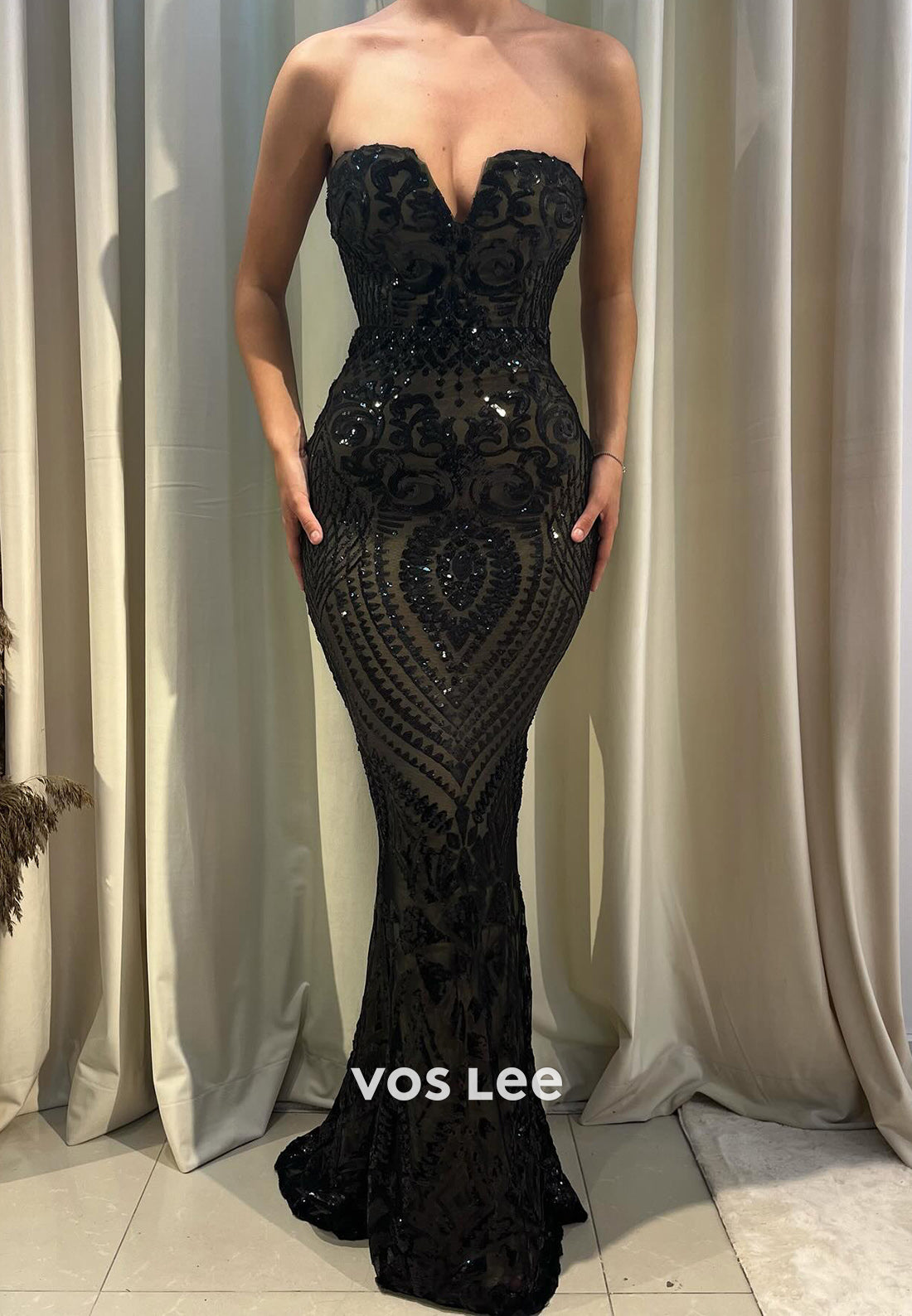Sparkling Black Strapless Sweetheart Floor-Length Pleated Mermaid Evening Dresses