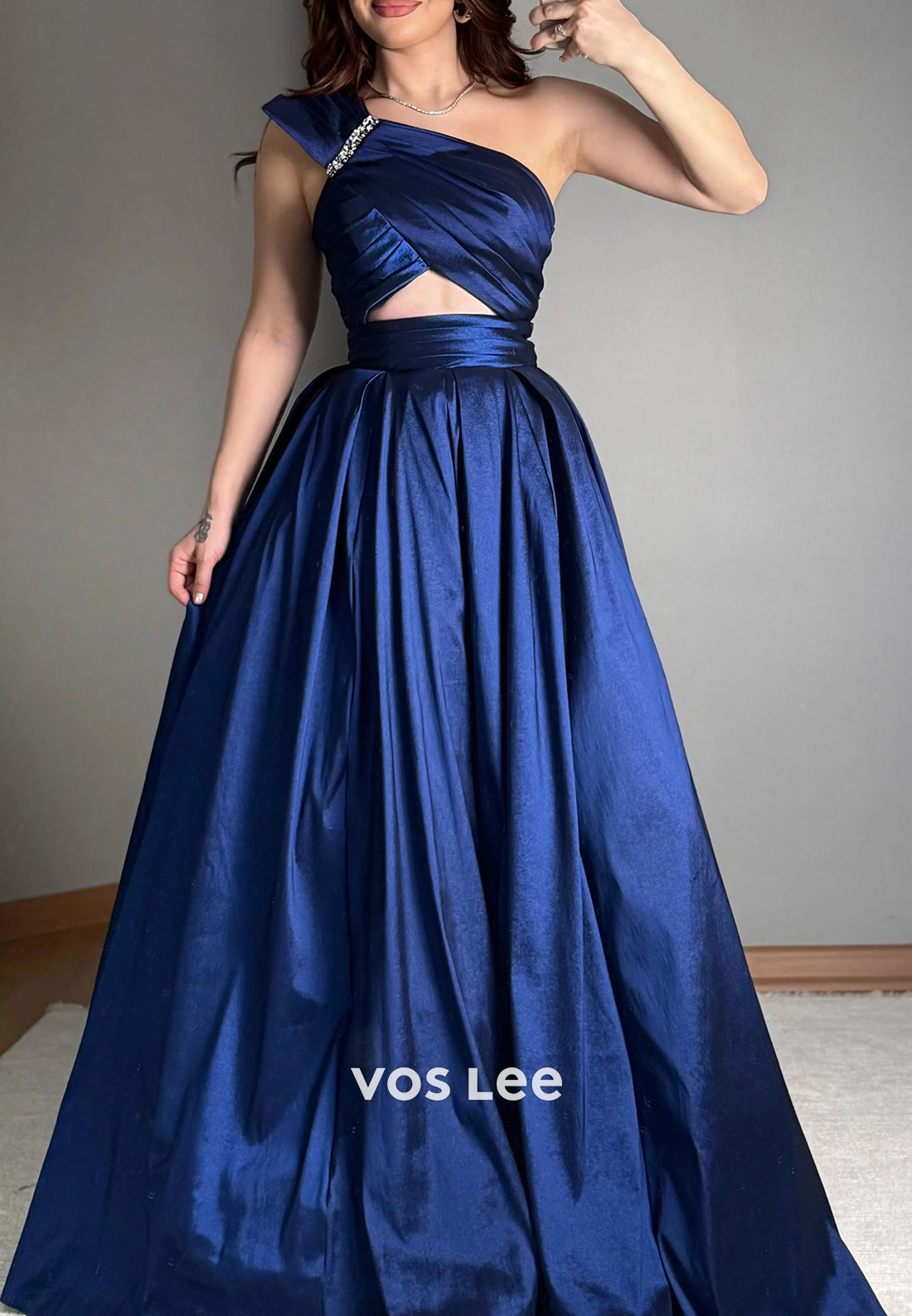 Gorgeous & Charming A-Line One Shoulder Rhinestone Evening Dresses with Court Train