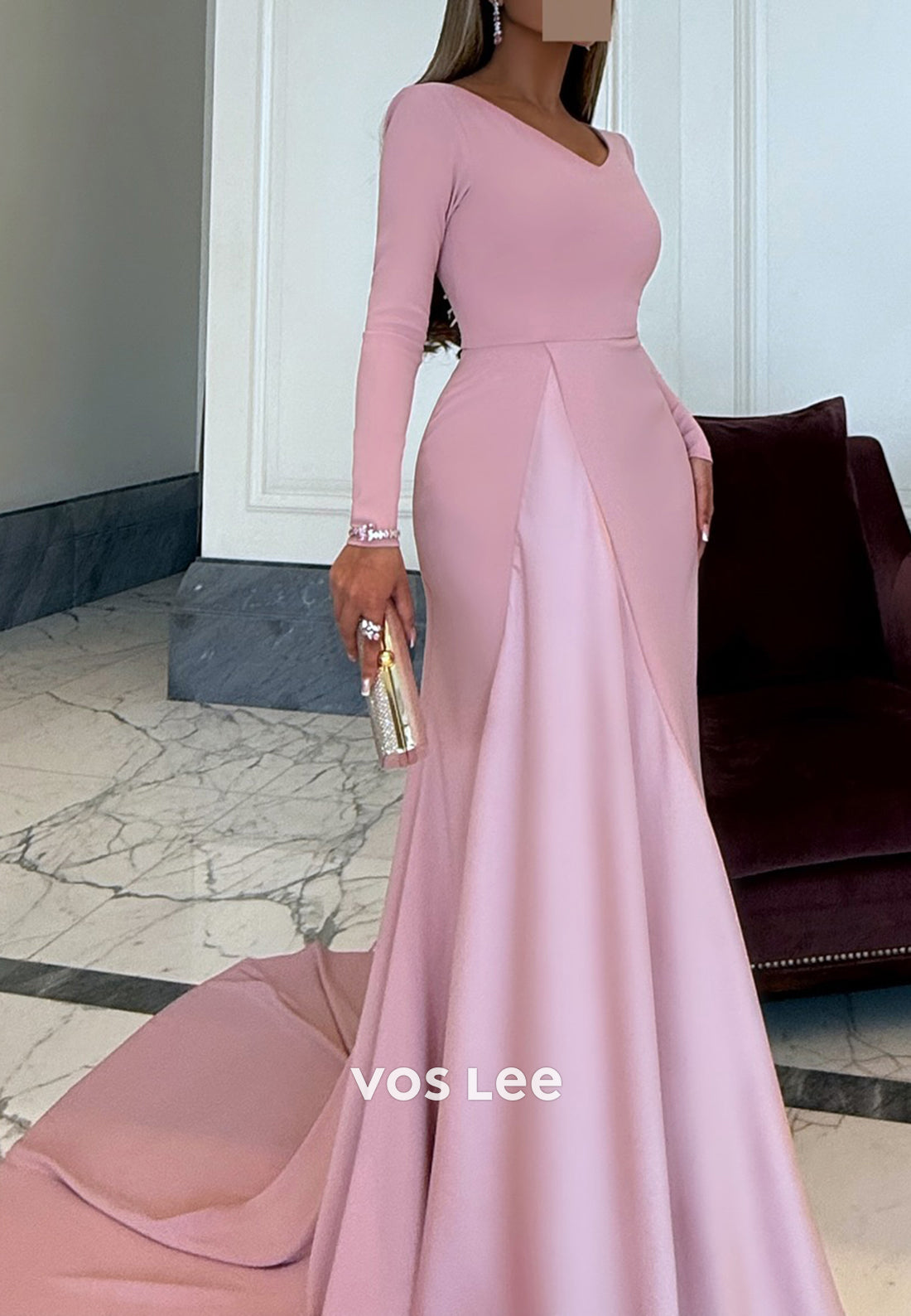 Sexy and Sleek Long Sleeve V Neck Mermaid Evening Dresses with Court Train