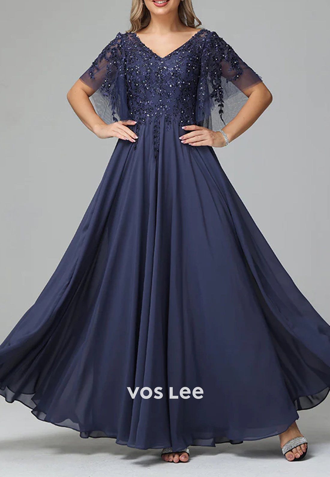 A-Line V Neck Beading Appliques Lace Floor-Length Pleated Mother of Bride Dresses