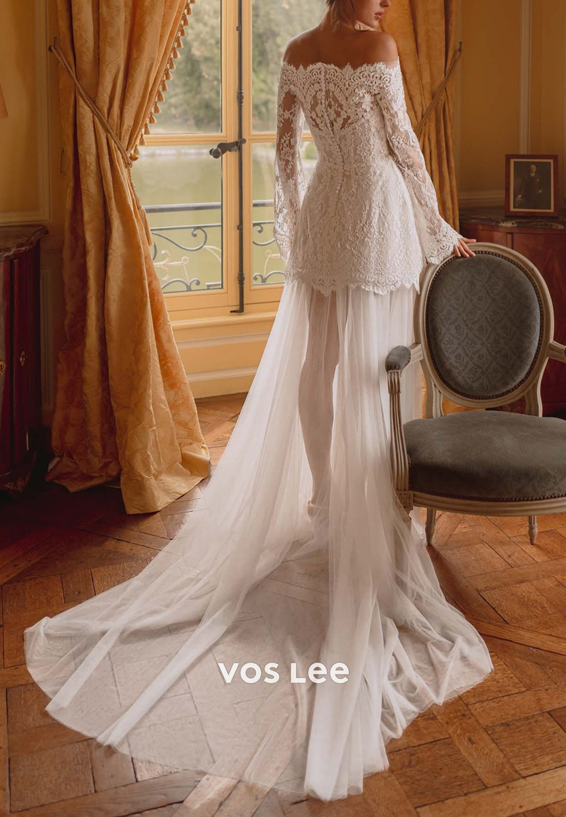 Long Sleeve Off the Shoulder Appliques Lace Sheath Wedding Dresses with Detachable Train