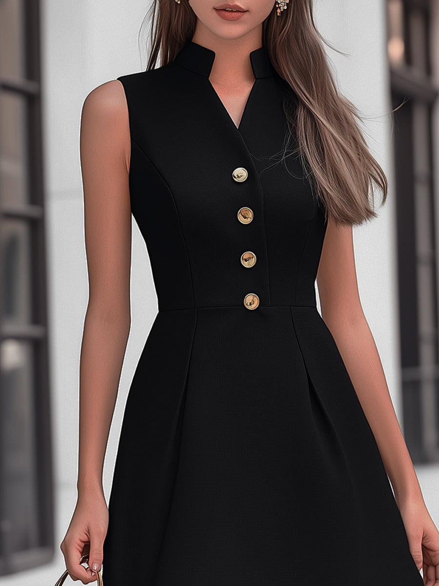 Chic Sleeveless Black Dress With Mandarin Collar And Gold Buttons Wedding Guest Dresses
