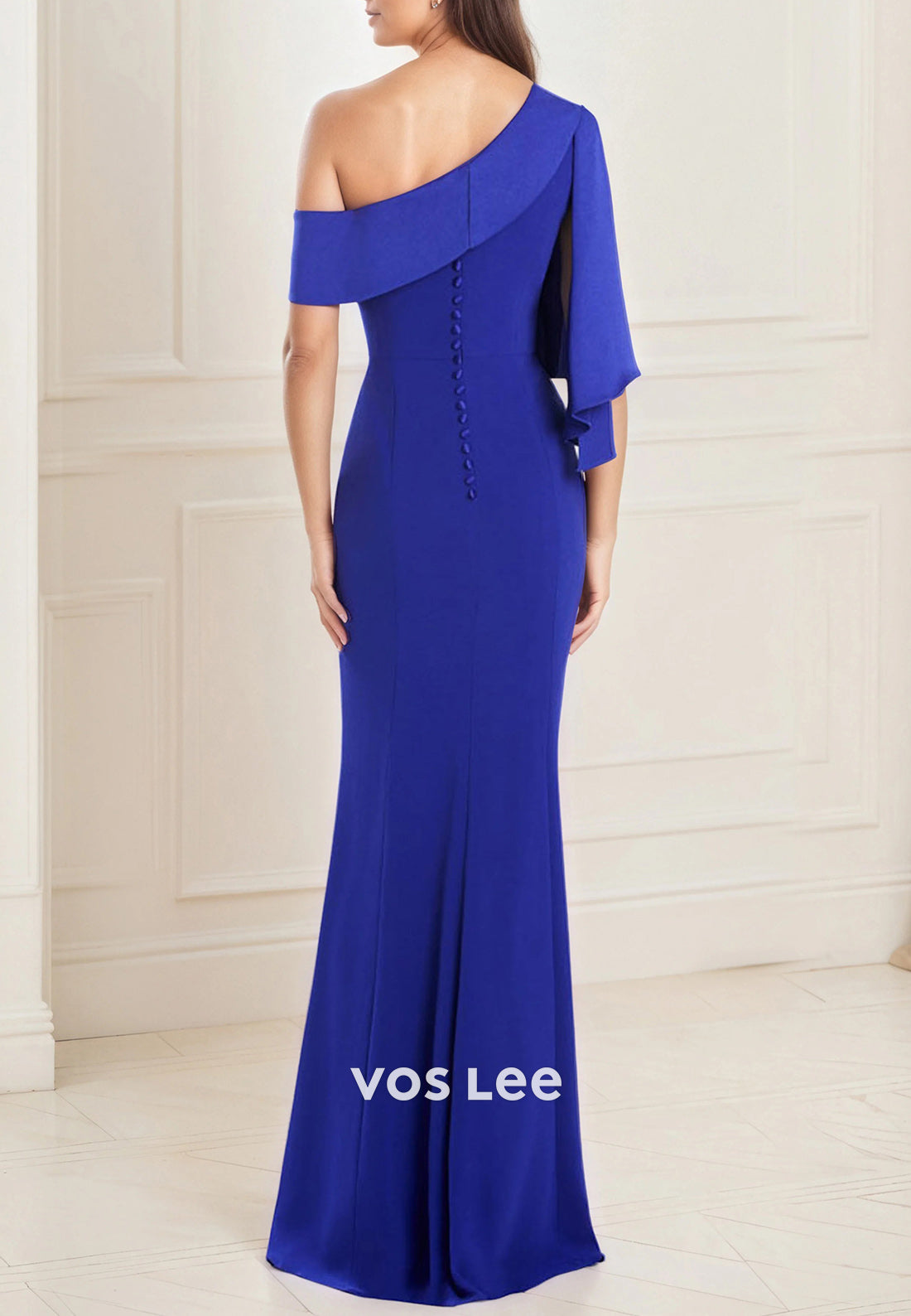 Royal Blue One Shoulder Floor-Length Ruched Sheath Mother of Bride Dresses with Side Split