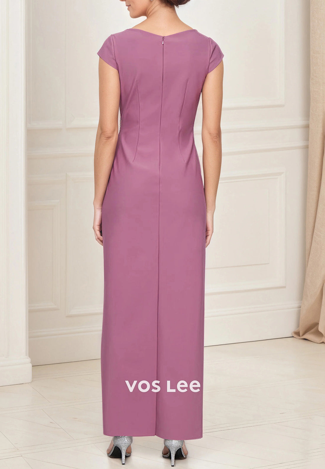 Cap Sleeves V Neck Ruched Rhinestone Ankle-Length Sheath Mother of Bride Dresses