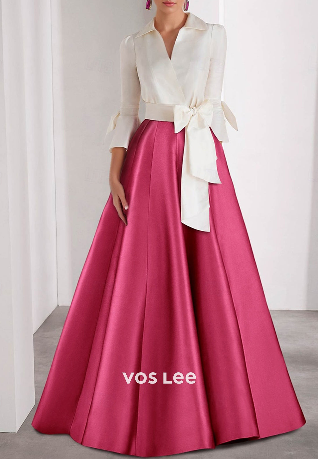 A-Line Bell Sleeves V Neck Bowknot Pleated Floor-Length Mother of Bride Dresses