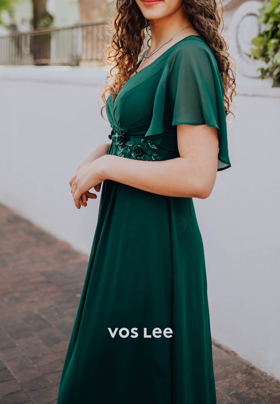 Flutter Sleeves V Neck Floral Embellished Mother of Bride Dresses