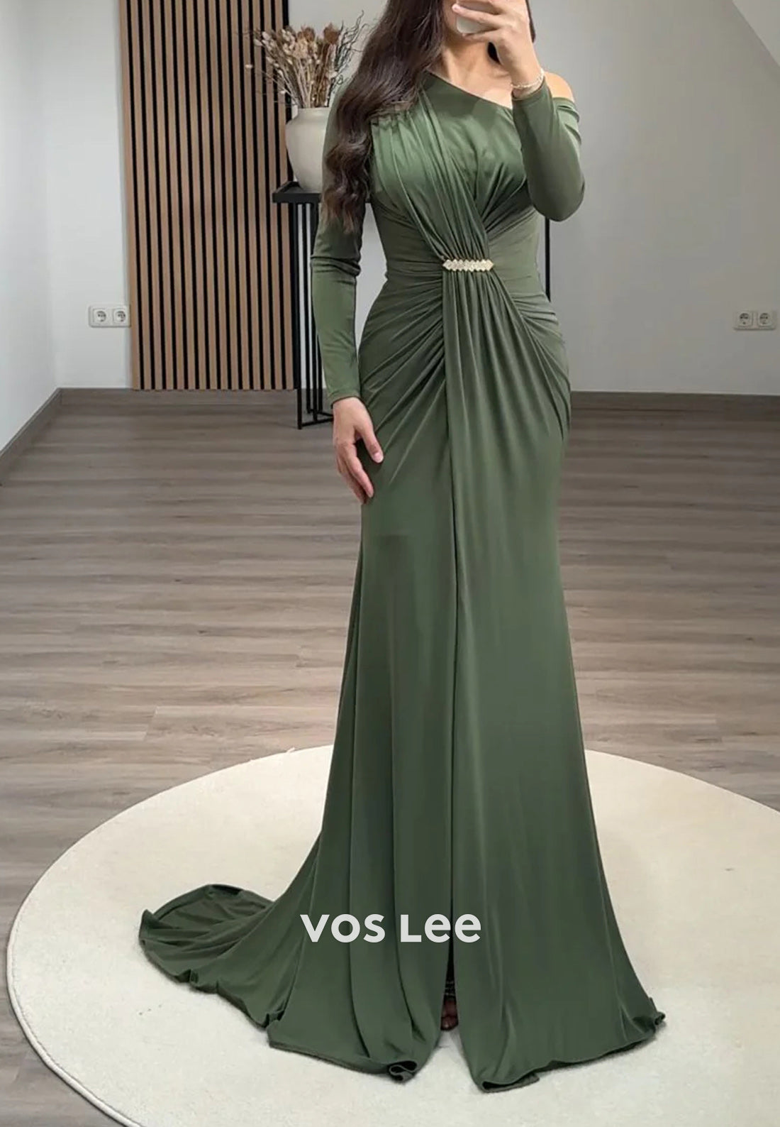 Long Sleeve One Shoulder Rhinestone Pleated Mermaid Evening Dresses with Sweep Train