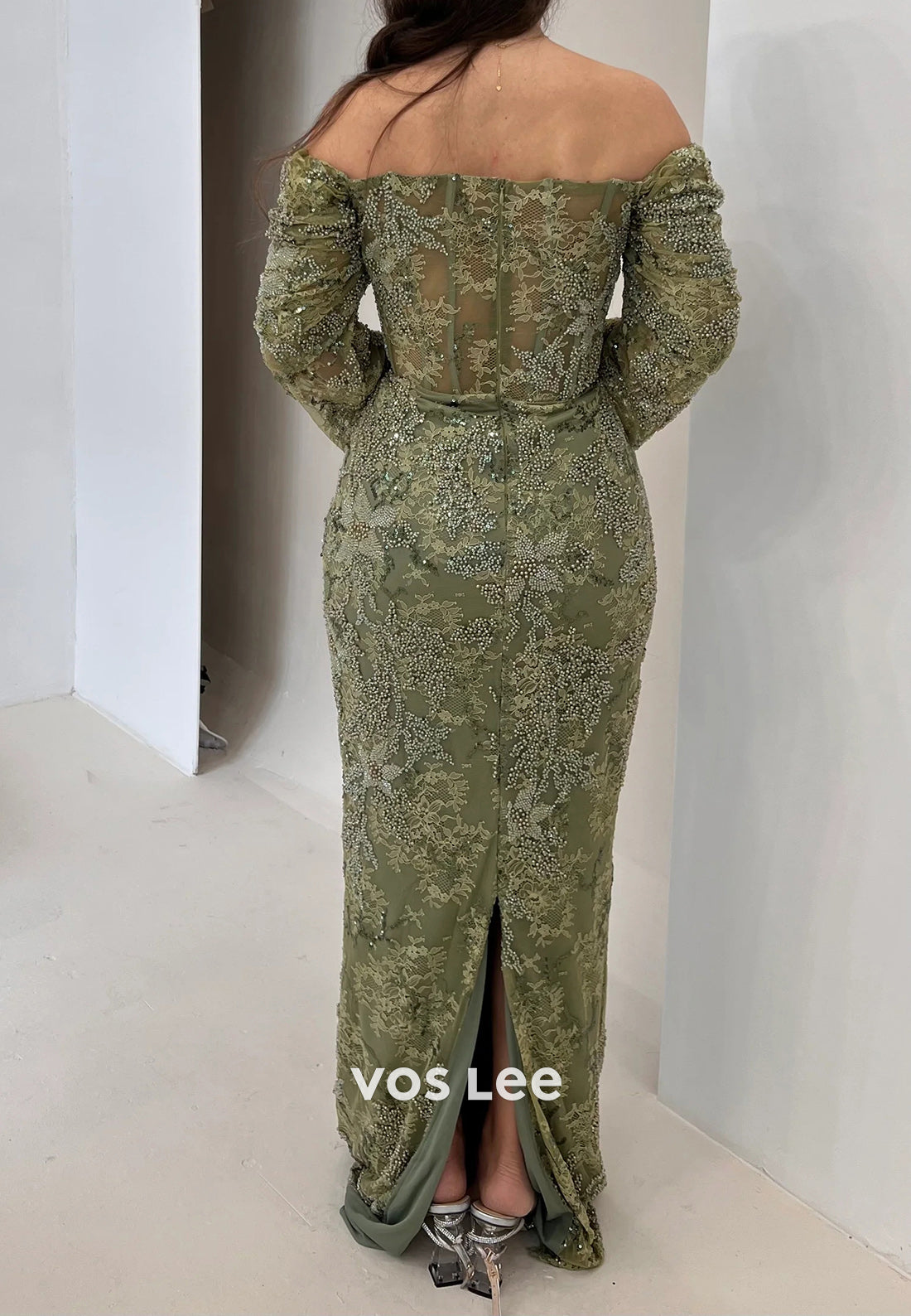 Bell Sleeves Off the Shoulder Fully Lace Appliqued Beaded Sheath Evening Dresses with Split