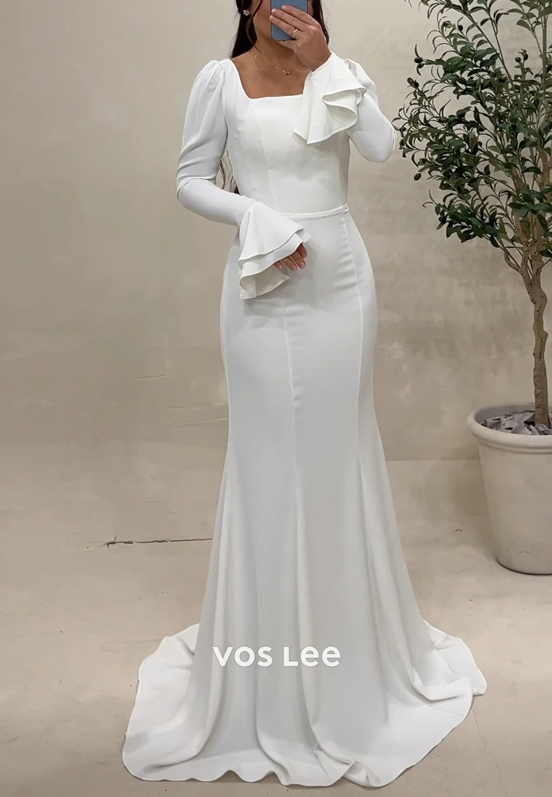 Simple & Casual Long Sleeve Square Pleated Mermaid Evening Dresses with Sweep Train