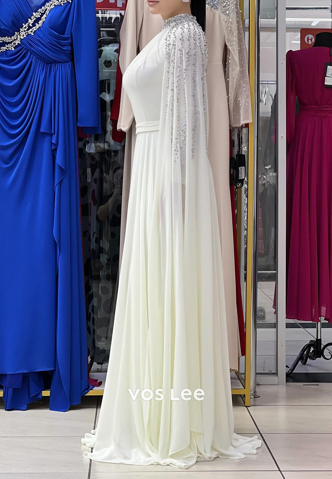 A-Line Long Sleeves High Neck Beaded Embellished Pleated Evening Dresses