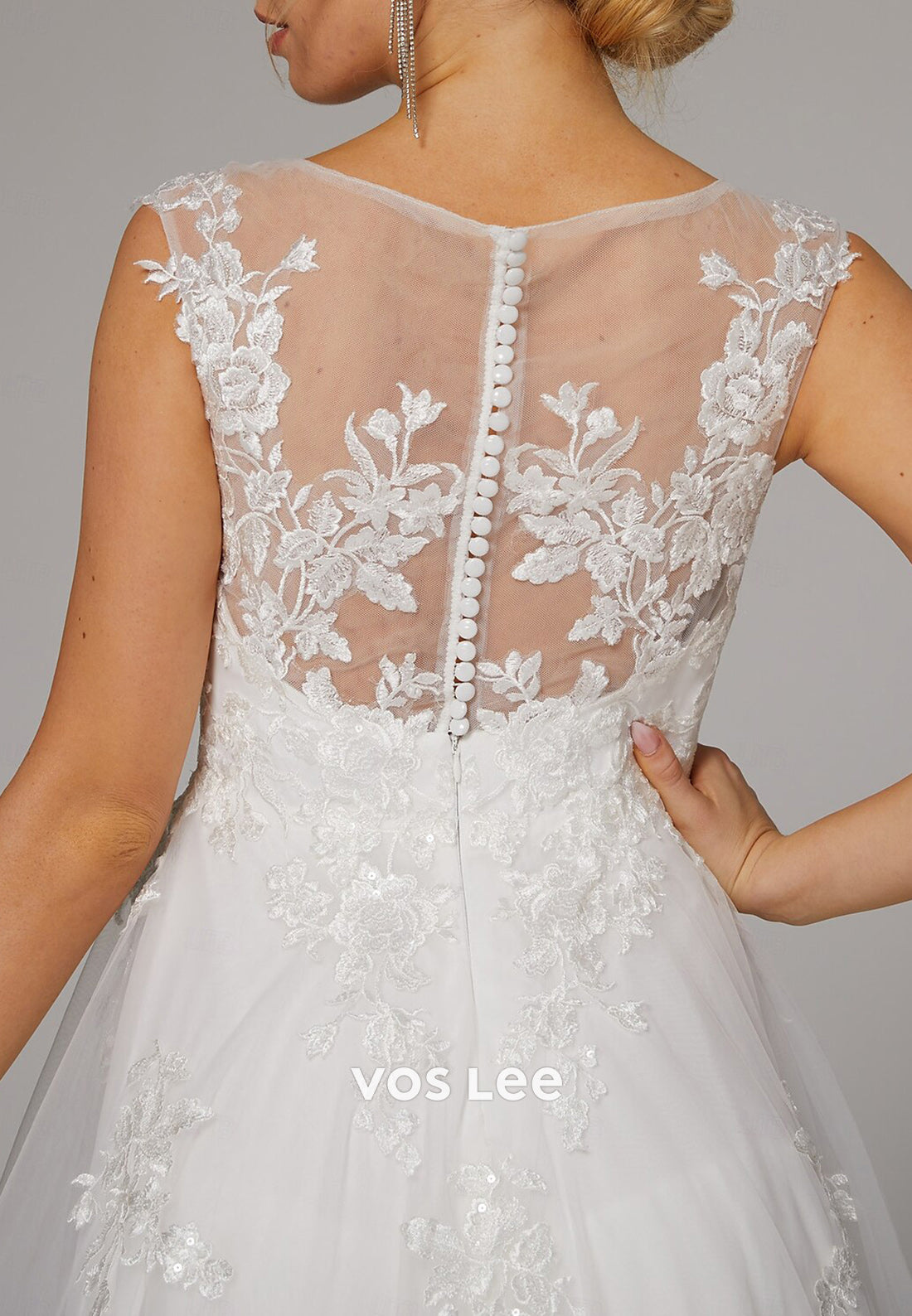 A-Line Illusion Neck Appliques Lace Beach Pleated Wedding Dresses with Sweep Train