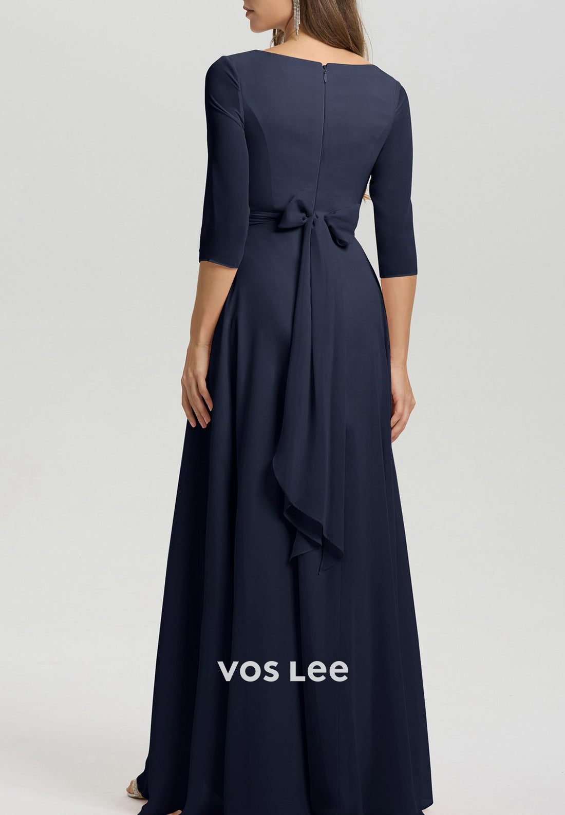 A-Line High Low 3/4 Sleeve V Neck Pleated Floor-Length Mother of Bride Dresses