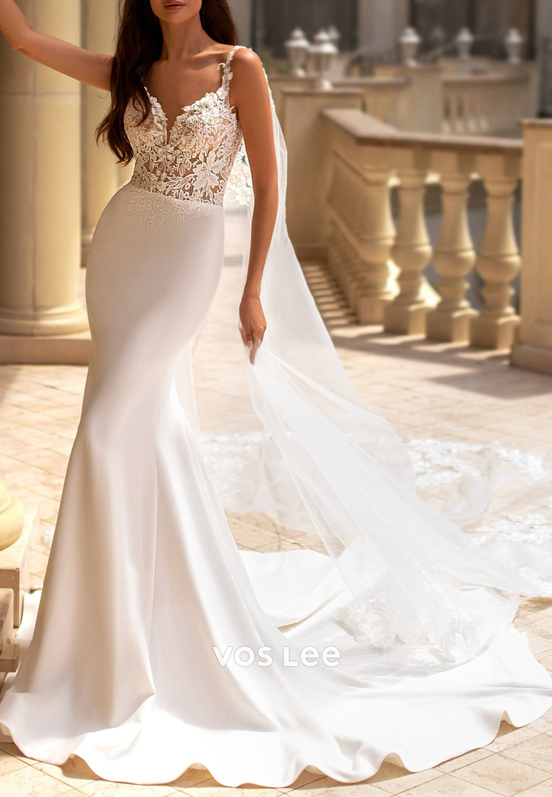 V Neck Spaghetti Straps Appliques Lace Mermaid Wedding Dresses with Sweep Train