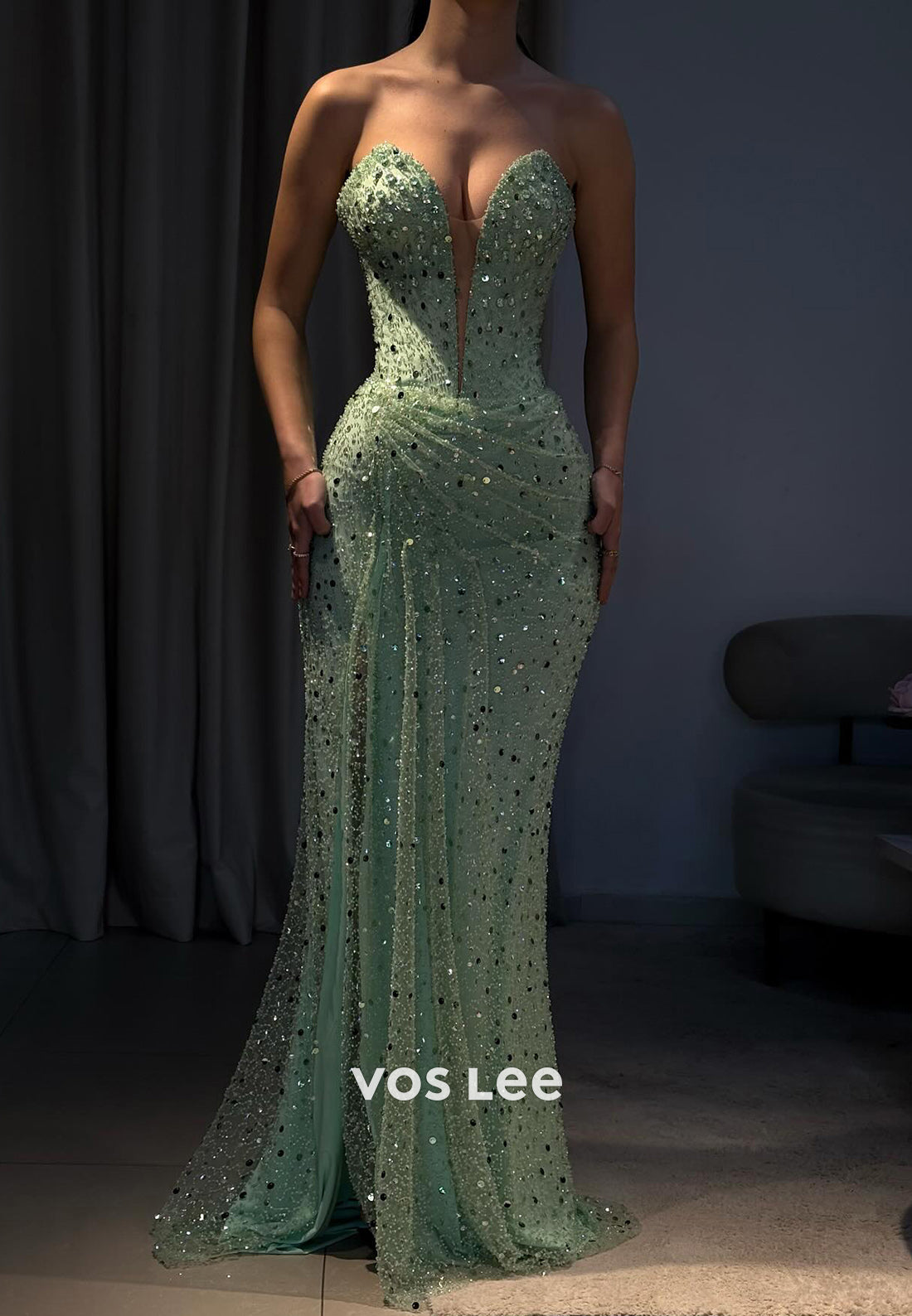 Mint Green Sequins Beaded Sweetheart Strapless Mermaid Evening Dresses VOS LEE Mint Green Sequins Beaded Sweetheart Strapless Mermaid Evening Dresses VOS LEE