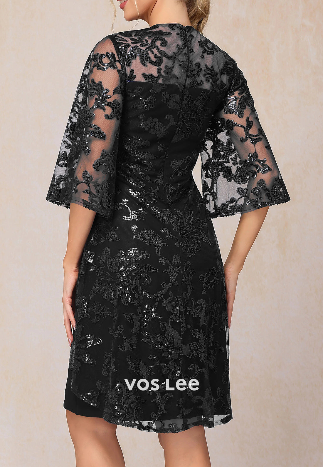 Elegant Half Sleeve Illusion Neck Appliqued Sequins Knee-Length Mother of Bride Dresses