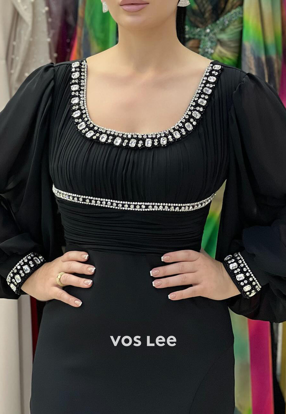 Long Sleeve Square Ankle-Length Pleated Mermaid Evening Dresses with Side Split