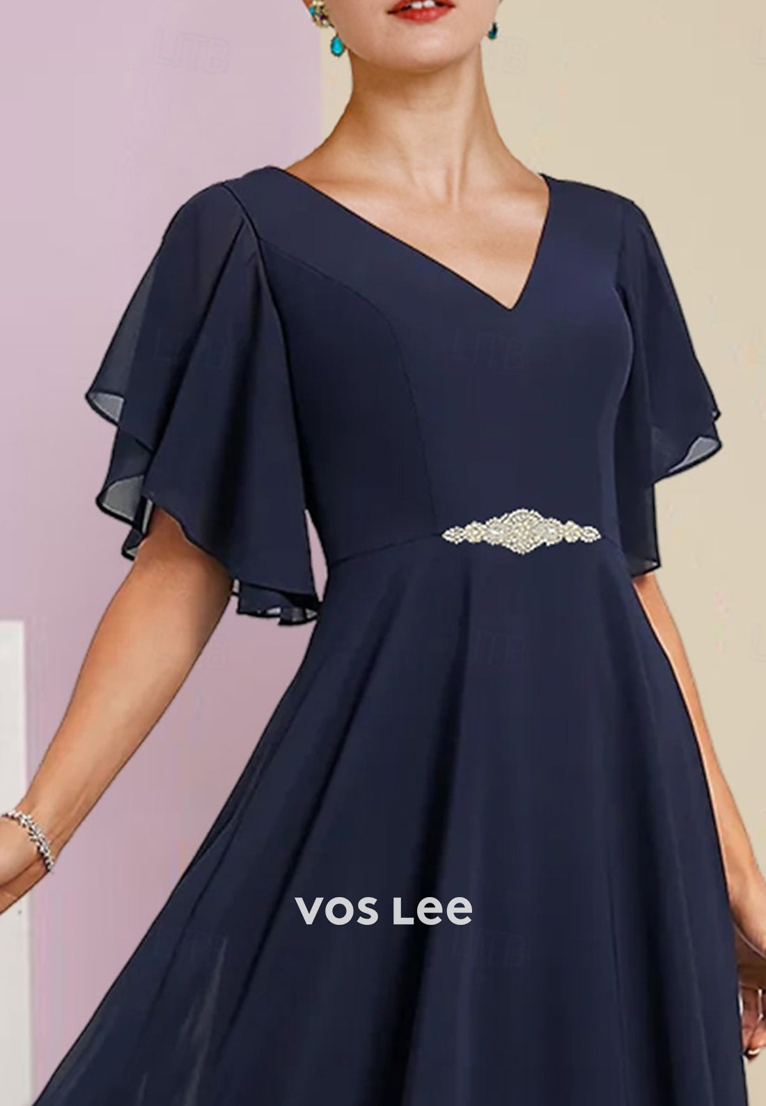 Dark Navy Flutter Sleeves V Neck Ankle-Length Mother of Bride Dresses