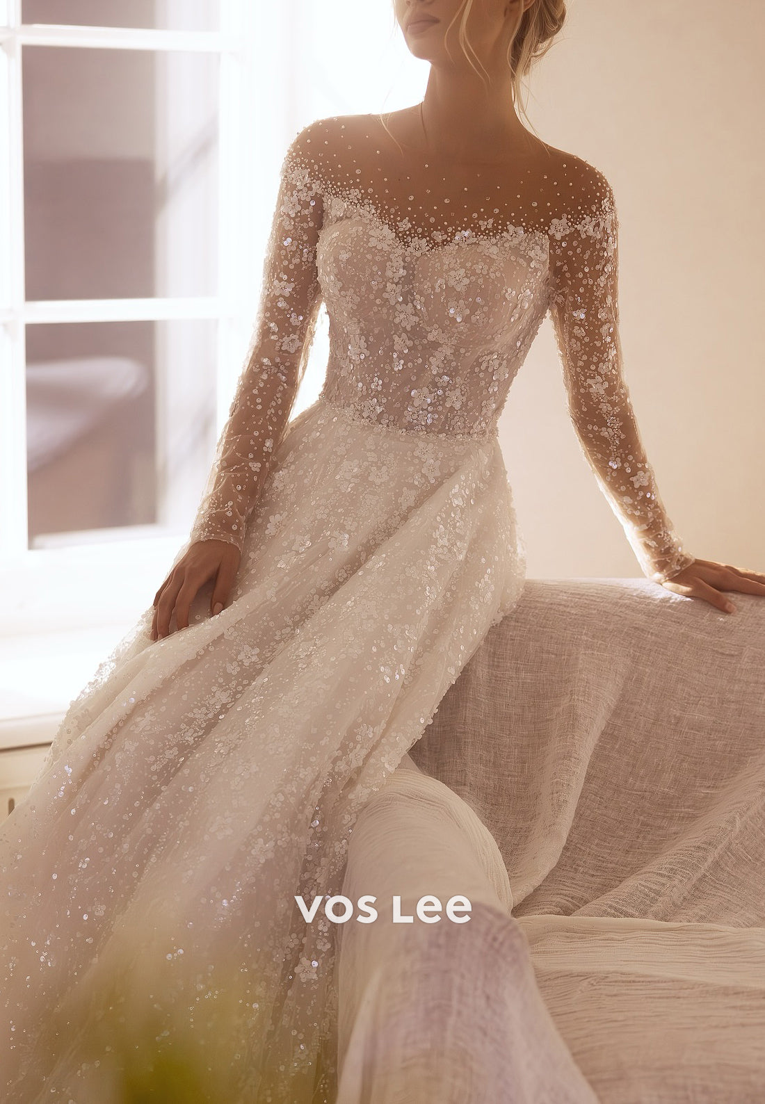 A-Line Long Sleeve Illusion Neck Sequins Floral Appliqued Wedding Dresses with Court Train