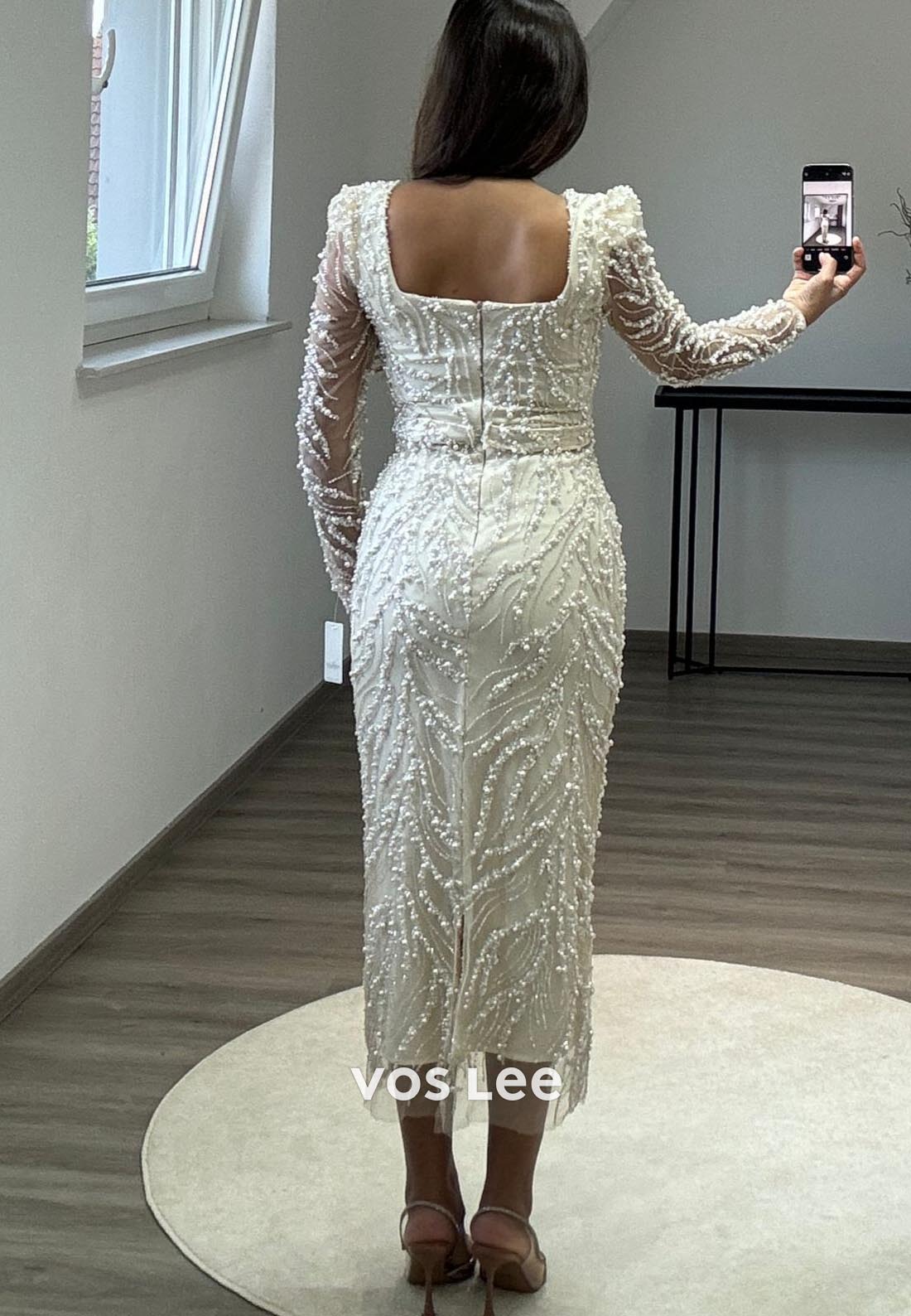 Long Sleevees Allover Lace Pearl Mermaid Midi Formal Dresses