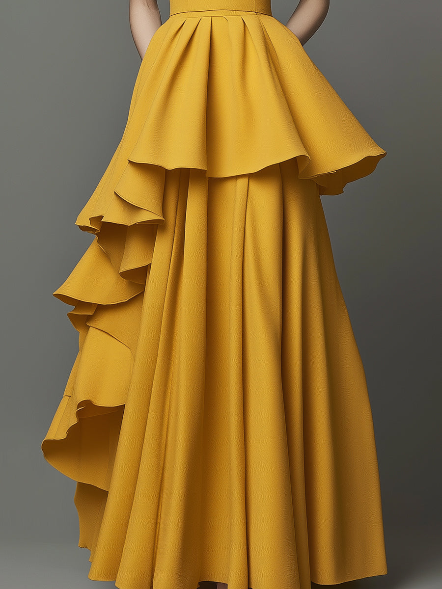 Golden Tiered Grace: Strapless Ruffle Gown