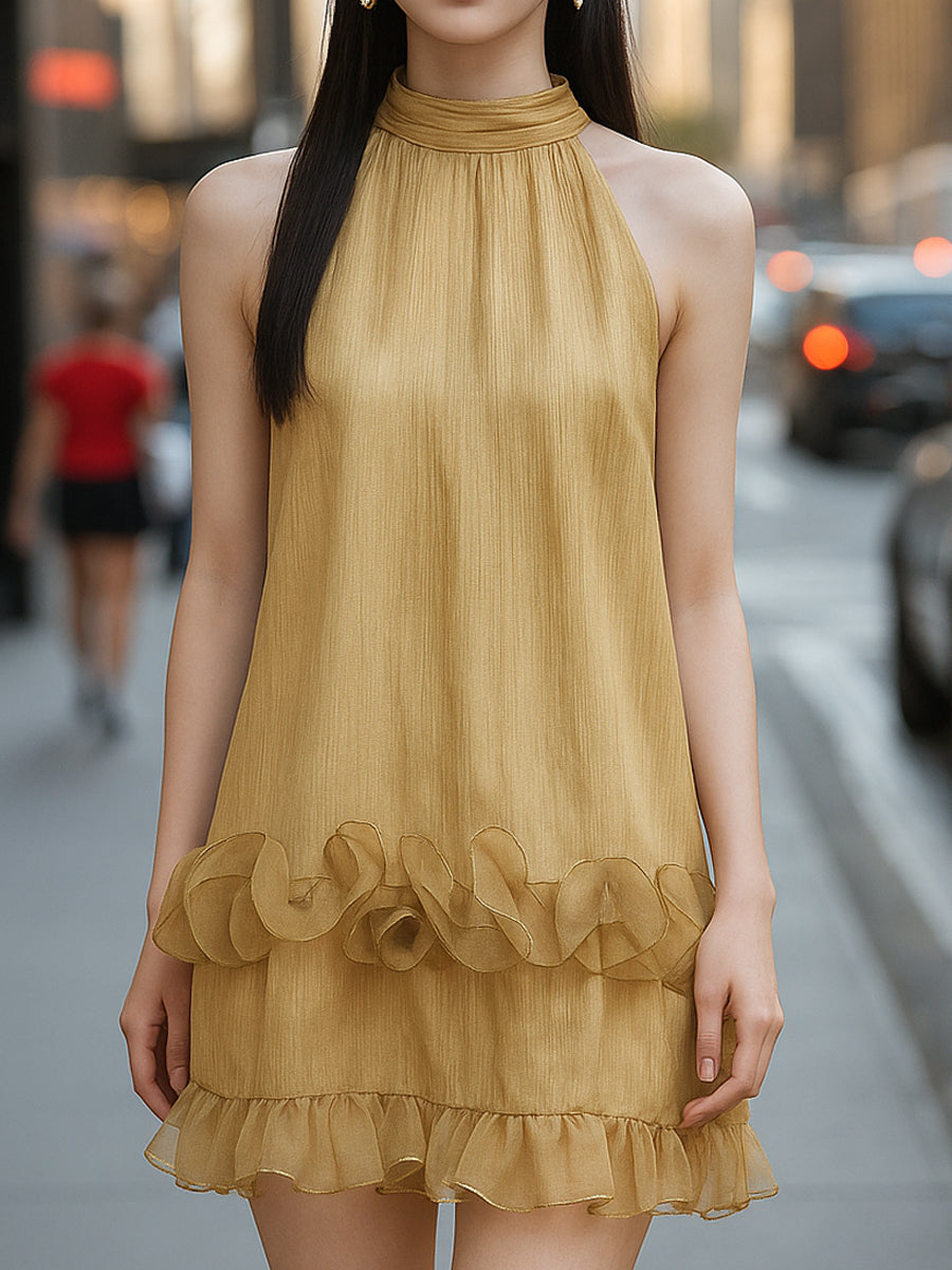 Golden Ruffle Halter Mini Dress