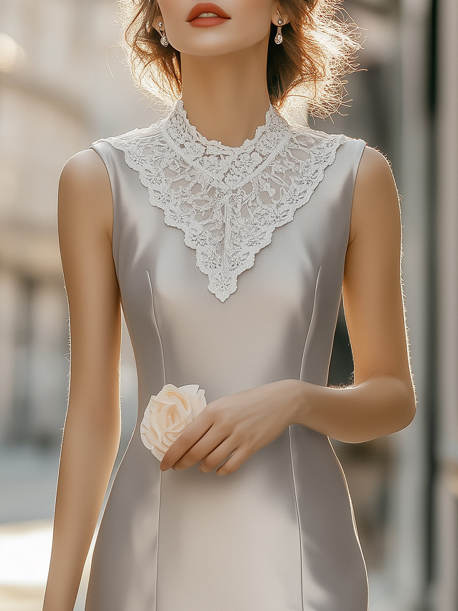 Elegant Satin Sleeveless Mini Dress With Vintage Lace Collar