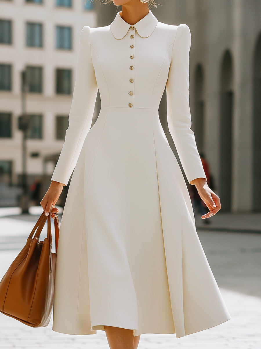 Ivory Puff Sleeve Buttoned Peter Pan Collar Midi Dress Ivory Puff Sleeve Buttoned Peter Pan Collar Midi Dress