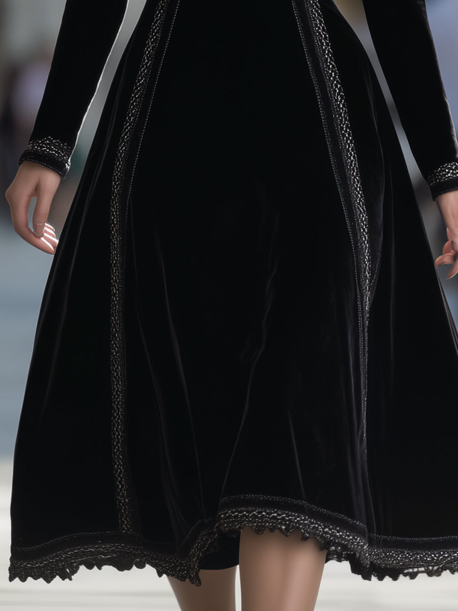 VOS LEE Timeless Black Velvet A-Line Midi Dress
