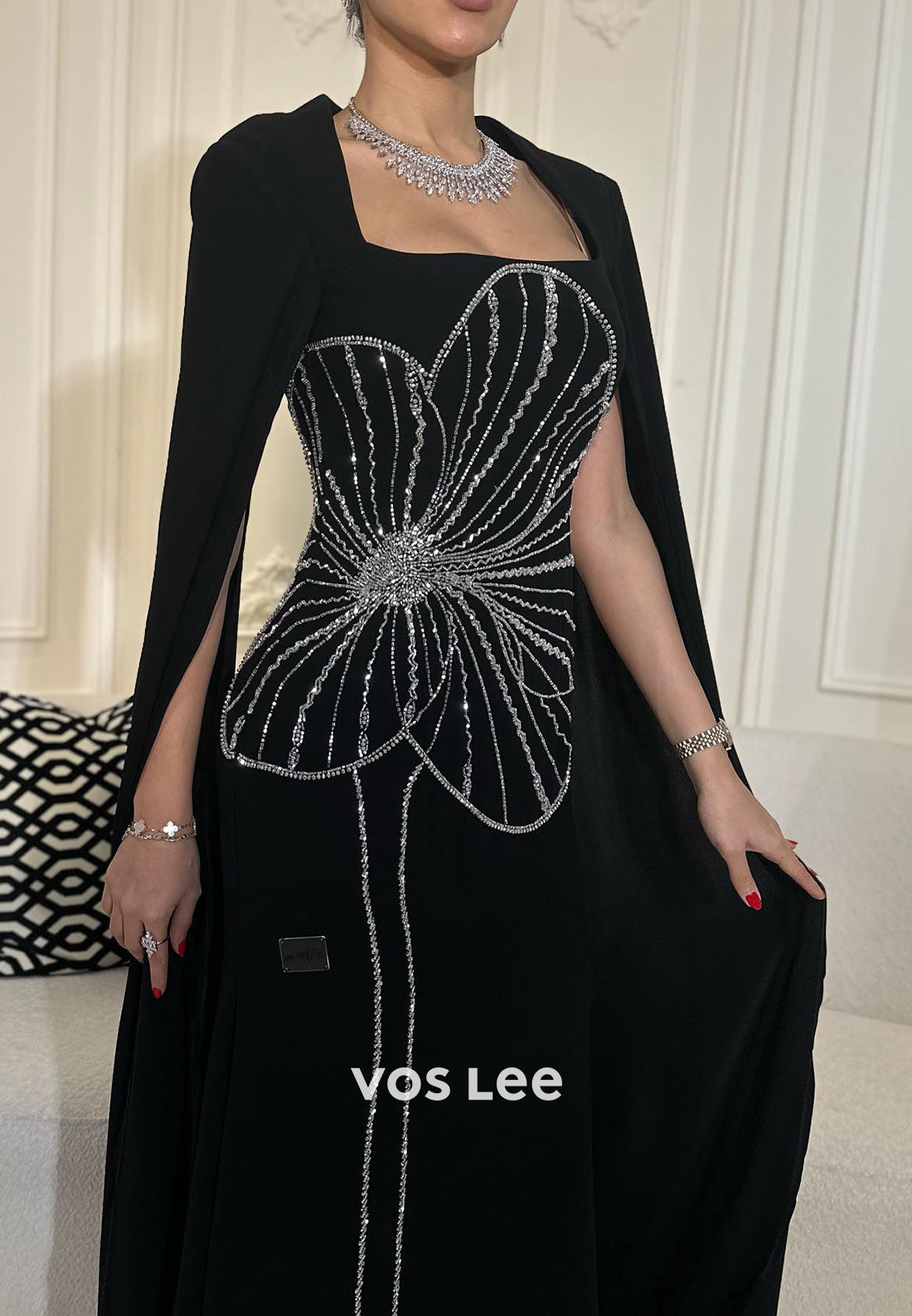 Simple Long Sleeve Square Rhinestone Black Sheath Evening Dresses