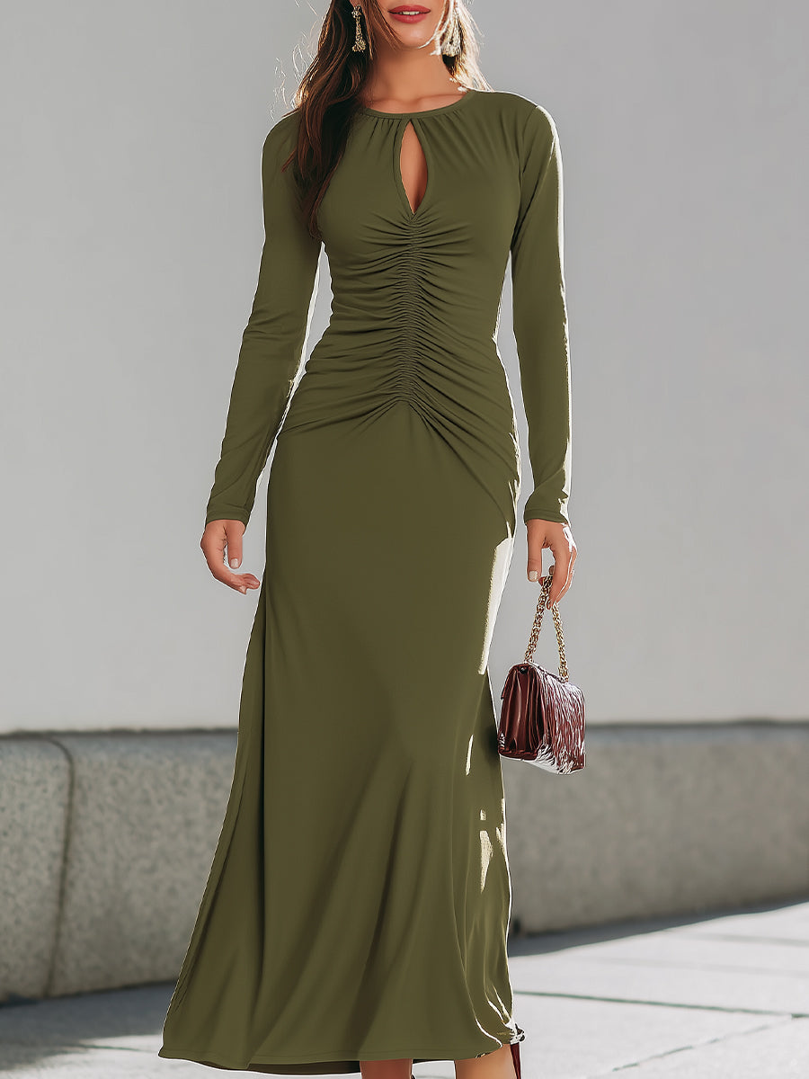 Elegant Ruched Keyhole Long Sleeve Maxi Dress