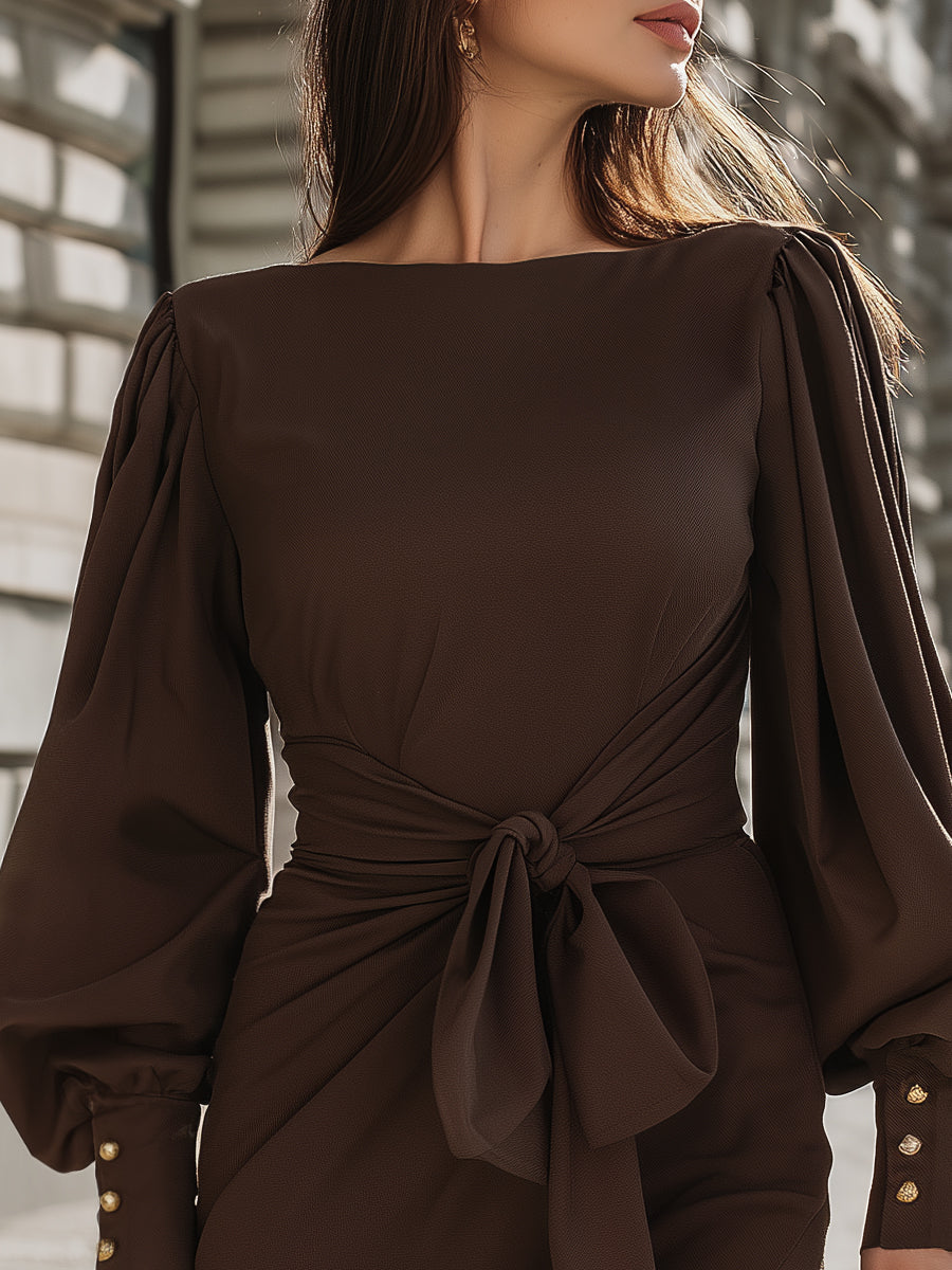 Elegant Puff Sleeve Midi Dress With Tie Waist